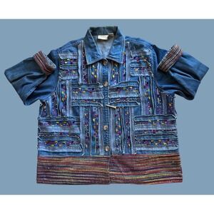 Capistrano Jeans Embellish Denim Jacket Blue Multi Color Striped Accents Size 2X